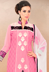 Outfit is a novel ways of getting yourself noticed. This pink cotton churidar suit have amazing embroidery patch work is done with resham work. Embroidery on kameez is highlighting the beauty of this suit. Contrasting white churidar and white chiffon dupatta come along with this suit. Slight Color variations are possible due to differing screen and photograph resolutions.
