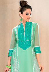 It is color this season and bright shaded suits are really something that is totally in vogue. This sea green cotton churidar suit have amazing embroidery patch work is done with resham work. Embroidery on kameez is highlighting the beauty of this suit. Contrasting white churidar and white chiffon dupatta come along with this suit. Slight Color variations are possible due to differing screen and photograph resolutions.