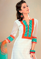 An occasion wear perfect is ready to rock you. This white cotton churidar suit have amazing embroidery patch work is done with resham work. Embroidery on kameez is highlighting the beauty of this suit. Matching churidar and green chiffon dupatta come along with this suit. Slight Color variations are possible due to differing screen and photograph resolutions.