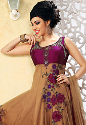 The most beautiful refinements for style and tradition. The dazzling brown net readymade anarkali churidar suit have amazing embroidery patch work is done with resham, zari, stone, cutdana and lace work. Beautiful embroidery work on kameez is stunning. The entire ensemble makes an excellent wear. Contrasting dark burgundy santoon churidar and brown net dupatta is available with this suit. Slight Color variations are possible due to differing screen and photograph resolutions.