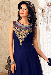 Embroidered suits are the best choice for a girl to enhance her feminine look. The dazzling navy blue net readymade anarkali churidar suit have amazing embroidery patch work is done with resham, zari, stone, zardosi and lace work. Beautiful embroidery work on kameez is stunning. The entire ensemble makes an excellent wear. Matching churidar and dupatta is available with this suit. Slight Color variations are possible due to differing screen and photograph resolutions.