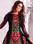 Take the fashion industry by storm in this beautiful embroidered suit. The dazzling black georgette churidar suit have amazing embroidery patch work is done with resham work. The entire ensemble makes an excellent wear. Contrasting red santoon churidar and double dye chiffon dupatta is available with this suit. The semi-stitched kameez can be customised upto 38 to 42 inches. Slight Color variations are possible due to differing screen and photograph resolutions.
