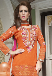 Different colors are a perfect blend of traditional Indian heritage and contemporary artwork. The dazzling orange cotton churidar suit have amazing embroidery patch work is done with resham, zari, sequins and lace work. The entire ensemble makes an excellent wear. Matching churidar and shaded chiffon dupatta is available with this suit. Slight Color variations are possible due to differing screen and photograph resolutions.