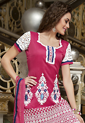 Breathtaking collection of suits with stylish embroidery work and fabulous style. The dazzling dark pink cotton churidar suit have amazing embroidery patch work is done with resham, stone and lace work. The entire ensemble makes an excellent wear. Matching churidar and chiffon dupatta is available with this suit. Slight Color variations are possible due to differing screen and photograph resolutions.