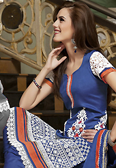 Era with extension in fashion, style, Grace and elegance have developed grand love affair with this ethnical wear. The dazzling blue cotton churidar suit have amazing embroidery patch work is done with resham, stone and lace work. The entire ensemble makes an excellent wear. Matching churidar and chiffon dupatta is available with this suit. Slight Color variations are possible due to differing screen and photograph resolutions.