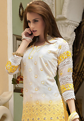 Be the cynosure of all eyes with this wonderful  wear in flattering colors and combinations. The dazzling off white and shaded yellow cotton churidar suit have amazing embroidery patch work is done with resham, stone and lace work. The entire ensemble makes an excellent wear. Matching yellow churidar and double dye chiffon dupatta is available with this suit. Slight Color variations are possible due to differing screen and photograph resolutions.