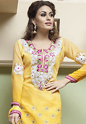 Outfit is a novel ways of getting yourself noticed. The dazzling yellow cotton churidar suit have amazing embroidery patch work is done with resham, stone and lace work. The entire ensemble makes an excellent wear. Matching churidar and chiffon dupatta is available with this suit. Slight Color variations are possible due to differing screen and photograph resolutions.