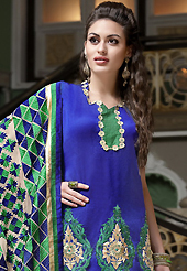 Take the fashion industry by storm in this beautiful embroidered suit. The dazzling blue cotton churidar suit have amazing embroidery patch work is done with resham and stone work. The entire ensemble makes an excellent wear. Matching churidar and dupatta is available with this suit. Slight Color variations are possible due to differing screen and photograph resolutions.