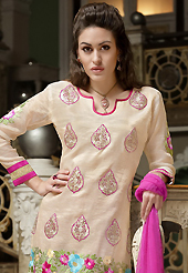 An occasion wear perfect is ready to rock you. The dazzling light fawn cotton churidar suit have amazing embroidery patch work is done with resham and zari work. The entire ensemble makes an excellent wear. Contrasting pink churidar and pink chiffon dupatta is available with this suit. Slight Color variations are possible due to differing screen and photograph resolutions.