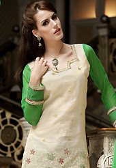 Dreamy variation on shape and forms compliment your style with tradition. The dazzling cream cotton churidar suit have amazing embroidery patch work is done with resham and zari work. The entire ensemble makes an excellent wear. Contrasting green churidar and green chiffon dupatta is available with this suit. Slight Color variations are possible due to differing screen and photograph resolutions.