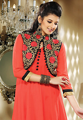 The fascinating beautiful subtly garment with lovely patterns. The dazzling red faux georgette readymade churidar suit have amazing embroidery patch work is done with resham and beads work. The entire ensemble makes an excellent wear. Matching santoon churidar and dupatta is available with this suit. Slight Color variations are possible due to differing screen and photograph resolutions.