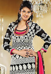 Take a look on the changing fashion of the season. The dazzling black and dark pink faux georgette readymade churidar suit have amazing embroidery patch work is done with resham, zari and lace work. The entire ensemble makes an excellent wear. Contrasting black churidar and dark pink dupatta is available with this suit. Slight Color variations are possible due to differing screen and photograph resolutions.