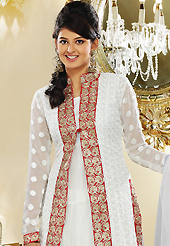 It is color this season and bright shaded suits are really something that is totally in vogue. The dazzling off white faux georgette readymade churidar suit have amazing embroidery patch work is done with resham, zari, cutdana and lace work. The entire ensemble makes an excellent wear. Matching churidar and dupatta is available with this suit. Slight Color variations are possible due to differing screen and photograph resolutions.