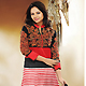Black, Red and Off White Net Readymade Churidar Kameez with Dupatta