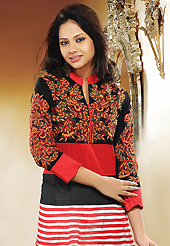 Your search for elegant look ends here with this lovely suit. The dazzling black, red and off white net readymade churidar suit have amazing embroidery patch work is done with resham work. The entire ensemble makes an excellent wear. Matching churidar and dupatta is available with this suit. Slight Color variations are possible due to differing screen and photograph resolutions.