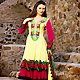 Light Yellow and Red Faux Georgette Anarkali Churidar Kameez with Dupatta