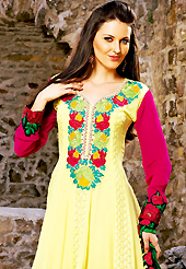 The color range from natural shades looks ravishing. The dazzling light yellow and red faux georgette anarkali churidar suit have amazing embroidery patch work is done with resham and stone work. Beautiful embroidery work on kameez is stunning. The entire ensemble makes an excellent wear. Matching red santoon churidar and yellow faux chiffon dupatta is available with this suit. Slight Color variations are possible due to differing screen and photograph resolutions.