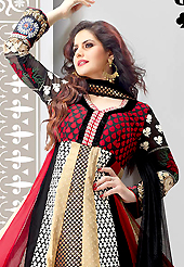 An occasion wear perfect is ready to rock you. The dazzling sand brown, black and red cotton and satin anarkali churidar suit have amazing embroidery patch work is done with resham, zari, sequins and lace work. Beautiful embroidery work on kameez is stunning. The entire ensemble makes an excellent wear. Matching black santoon churidar and dupatta is available with this suit. Slight Color variations are possible due to differing screen and photograph resolutions.