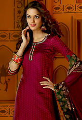 Outfit is a novel ways of getting yourself noticed. The dazzling maroon faux crepe churidar suit have amazing embroidery patch work is done with resham, zari, sequins and stone work. The entire ensemble makes an excellent wear. Matching santoon churidar and dupatta is available with this suit. Slight Color variations are possible due to differing screen and photograph resolutions.