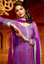 The color range from natural shades looks ravishing. The dazzling purple faux crepe churidar suit have amazing embroidery patch work is done with resham, zari, sequins and stone work. The entire ensemble makes an excellent wear. Matching churidar and dupatta is available with this suit. Slight Color variations are possible due to differing screen and photograph resolutions.