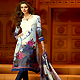 Off White and Grey Faux Crepe Churidar Kameez with Dupatta