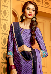 The most beautiful refinements for style and tradition. The dazzling purple faux crepe churidar suit have amazing embroidery patch work is done with resham, zari, sequins and stone work. The entire ensemble makes an excellent wear. Matching churidar and double dye dupatta is available with this suit. Slight Color variations are possible due to differing screen and photograph resolutions.