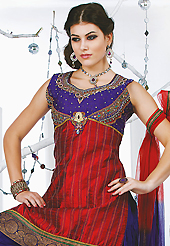 An occasion wear perfect is ready to rock you. The dazzling dark red art silk readymade salwar kameez have amazing embroidery and brocade patch bordered work is done with resham, zari, sequins, stone, cutdana, kundan and lace work. Beautiful embroidery work on kameez is stunning. The entire ensemble makes an excellent wear. Contrasting purple salwar and double dye net dupatta is available with this suit. Slight Color variations are possible due to differing screen and photograph resolutions.
