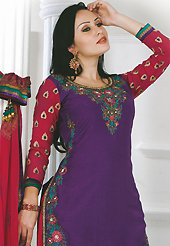 The most beautiful refinements for style and tradition. The dazzling purple chanderi silk readymade salwar kameez have amazing embroidery patch work is done with resham, cutdana, cut moti and kasab work. Beautiful embroidery work on kameez is stunning. The entire ensemble makes an excellent wear. Contrasting red salwar and shaded faux chiffon dupatta is available with this suit. Slight Color variations are possible due to differing screen and photograph resolutions.