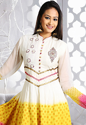Embroidered suits are the best choice for a girl to enhance her feminine look. The dazzling white, yellow and pink kora silk readymade anarkali churidar suit have amazing embroidery patch work is done with zari, stone, beads and lace work. Beautiful embroidery work on kameez is stunning. The entire ensemble makes an excellent wear. Matching off white santoon churidar and yellow faux chiffon dupatta is available with this suit. Slight Color variations are possible due to differing screen and photograph resolutions.