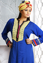 Get ready to sizzle all around you by sparkling suit. The dazzling royal blue cotton readymade churidar suit have amazing embroidery patch work is done with resham and lace work. Beautiful embroidery work on kameez is stunning. The entire ensemble makes an excellent wear. Matching churidar and double dye dupatta is available with this suit. Slight Color variations are possible due to differing screen and photograph resolutions.