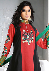 The fascinating beautiful subtly garment with lovely patterns. The dazzling red and black art silk and chiffon readymade anarkali churidar suit have amazing embroidery patch work is done with resham, stone and lace work. Beautiful embroidery work on kameez is stunning. The entire ensemble makes an excellent wear. Matching black santoon churidar and green chiffon dupatta is available with this suit. Slight Color variations are possible due to differing screen and photograph resolutions.