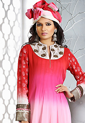 Style and trend will be at the peak of your beauty when you adorn this suit. The dazzling shaded red and pink georgette readymade anarkali churidar suit have amazing embroidery patch work is done with resham, zari, stone and lace work. Beautiful embroidery work on kameez is stunning. The entire ensemble makes an excellent wear. Matching dark pink santoon churidar and shaded dupatta is available with this suit. Slight Color variations are possible due to differing screen and photograph resolutions.
