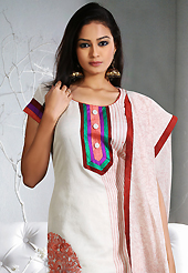 Take the fashion industry by storm in this beautiful embroidered suit. The dazzling off white cotton readymade churidar suit have amazing embroidery patch work is done with resham work. Beautiful embroidery work on kameez is stunning. The entire ensemble makes an excellent wear. Matching churidar and dupatta is available with this suit. Slight Color variations are possible due to differing screen and photograph resolutions.
