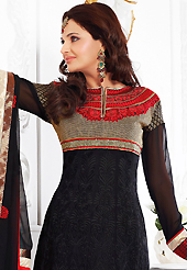 The glamorous silhouette to meet your most dire fashion needs. The dazzling black faux georgette anarkali churidar suit have amazing embroidery patch work is done with resham, zari and lace work. Beautiful embroidery work on kameez is stunning. The entire ensemble makes an excellent wear. Matching santoon churidar and faux chiffon dupatta is available with this suit. Slight Color variations are possible due to differing screen and photograph resolutions.