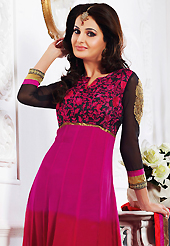 A desire that evokes a sense of belonging with a striking details. The dazzling dark pink, red and dark blue faux georgette anarkali churidar suit have amazing embroidery patch work is done with resham, zari and sequins work. Beautiful embroidery work on kameez is stunning. The entire ensemble makes an excellent wear. Matching santoon churidar and black faux chiffon dupatta is available with this suit. Slight Color variations are possible due to differing screen and photograph resolutions.