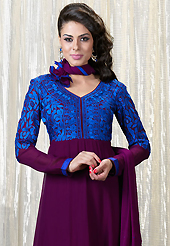 Outfit is a novel ways of getting yourself noticed. The dazzling dark purple and blue faux georgette churidar suit have amazing embroidery patch work is done with resham and stone work. Beautiful embroidery work on kameez is stunning. The entire ensemble makes an excellent wear. Matching santoon churidar and chiffon dupatta is available with this suit. Slight Color variations are possible due to differing screen and photograph resolutions.