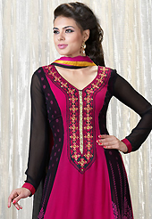 The color range from natural shades looks ravishing. The dazzling dark pink and black faux georgette churidar suit have amazing abstract print and embroidery patch work is done with resham and lace work. Beautiful embroidery work on kameez is stunning. The entire ensemble makes an excellent wear. Matching dark pink santoon churidar and black chiffon dupatta is available with this suit. Slight Color variations are possible due to differing screen and photograph resolutions.