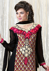 Outfit is a novel ways of getting yourself noticed. The dazzling black and dusty cream faux georgette churidar suit have amazing floral print and embroidery patch work is done with resham, stone and lace work. Beautiful embroidery work on kameez is stunning. The entire ensemble makes an excellent wear. Matching santoon churidar and chiffon dupatta is available with this suit. Slight Color variations are possible due to differing screen and photograph resolutions.