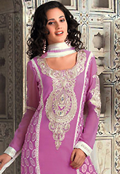 This season dazzle and shine in pure colors. The dazzling pink georgette churidar suit have amazing embroidery patch work is done with resham and lace work. The entire ensemble makes an excellent wear. Contrasting white santoon churidar and white chiffon dupatta is available with this suit. Slight Color variations are possible due to differing screen and photograph resolutions.