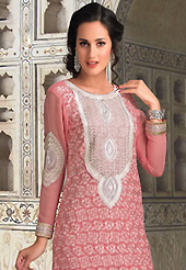 Get ready to sizzle all around you by sparkling suit. The dazzling light peach georgette churidar suit have amazing embroidery patch work is done with resham work. The entire ensemble makes an excellent wear. Matching santoon churidar and chiffon dupatta is available with this suit. Slight Color variations are possible due to differing screen and photograph resolutions.