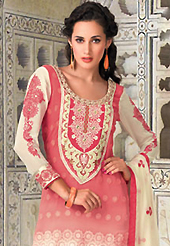 Your search for elegant look ends here with this lovely suit. The dazzling shaded pink and cream georgette churidar suit have amazing embroidery patch work is done with resham work. The entire ensemble makes an excellent wear. Matching pink santoon churidar and cream chiffon dupatta is available with this suit. Slight Color variations are possible due to differing screen and photograph resolutions.
