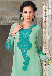 The color range from natural shades looks ravishing. The dazzling sea green georgette churidar suit have amazing embroidery patch work is done with resham work. The entire ensemble makes an excellent wear. Matching santoon churidar and chiffon dupatta is available with this suit. Slight Color variations are possible due to differing screen and photograph resolutions.
