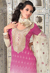 A desire that evokes a sense of belonging with a striking details. The dazzling shaded pink and cream georgette churidar suit have amazing embroidery patch work is done with resham work. The entire ensemble makes an excellent wear. Matching cream santoon churidar and cream chiffon dupatta is available with this suit. Slight Color variations are possible due to differing screen and photograph resolutions.