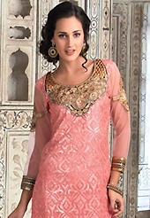 An occasion wear perfect is ready to rock you. The dazzling peach net churidar suit have amazing embroidery patch work is done with resham and stone work. The entire ensemble makes an excellent wear. Matching santoon churidar and chiffon dupatta is available with this suit. Slight Color variations are possible due to differing screen and photograph resolutions.