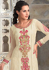 Take a look on the changing fashion of the season. The dazzling cream georgette churidar suit have amazing embroidery patch work is done with resham work. The entire ensemble makes an excellent wear. Matching santoon churidar and shaded dupatta is available with this suit. Slight Color variations are possible due to differing screen and photograph resolutions.