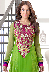The fascinating beautiful subtly garment with lovely patterns. The dazzling green georgette and net anarkali churidar suit have amazing embroidery patch work is done with resham, zari, sequins, stone and lace work. Beautiful embroidery work on kameez is stunning. The entire ensemble makes an excellent wear. Matching santoon churidar and faux chiffon dupatta is available with this suit. Slight Color variations are possible due to differing screen and photograph resolutions.