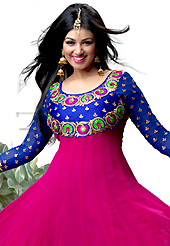 Take a look on the changing fashion of the season. The dazzling blue, dark pink and off white georgette anarkali churidar suit have amazing embroidery patch work is done with resham, zari, sequins, stone and lace work. Beautiful embroidery work on kameez is stunning. The entire ensemble makes an excellent wear. Matching santoon churidar and blue chiffon dupatta is available with this suit. Slight Color variations are possible due to differing screen and photograph resolutions.