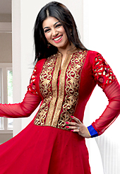 A desire that evokes a sense of belonging with a striking details. The dazzling red georgette anarkali churidar suit have amazing embroidery patch work is done with resham, zari, sequins, stone and lace work. Beautiful embroidery work on kameez is stunning. The entire ensemble makes an excellent wear. Matching santoon churidar and blue chiffon dupatta is available with this suit. Slight Color variations are possible due to differing screen and photograph resolutions.