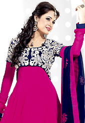 Outfit is a novel ways of getting yourself noticed. The dazzling dark pink georgette anarkali churidar suit have amazing embroidery patch work is done with resham and sequins work. Beautiful embroidery work on kameez is stunning. The entire ensemble makes an excellent wear. Matching santoon churidar and navy blue chiffon dupatta is available with this suit. Slight Color variations are possible due to differing screen and photograph resolutions.