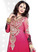 Take a look on the changing fashion of the season. The dazzling shaded dark pink georgette anarkali churidar suit have amazing embroidery patch work is done with resham and zari work. Beautiful embroidery work on kameez is stunning. The entire ensemble makes an excellent wear. Matching santoon churidar and chiffon dupatta is available with this suit. Slight Color variations are possible due to differing screen and photograph resolutions.